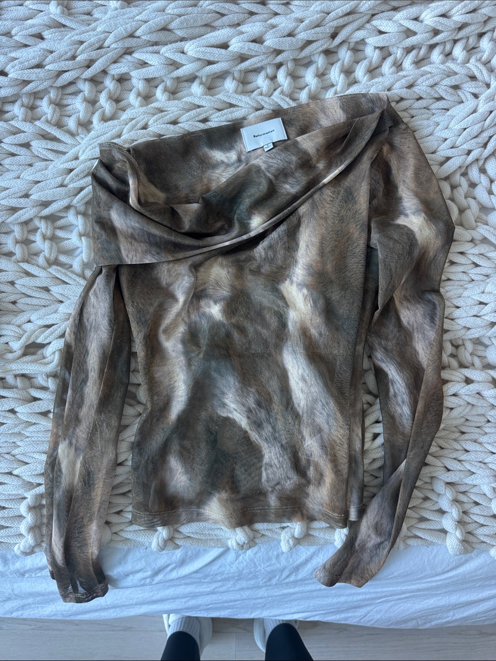 Reformation mesh Brown Marbled Off-Shoulder top